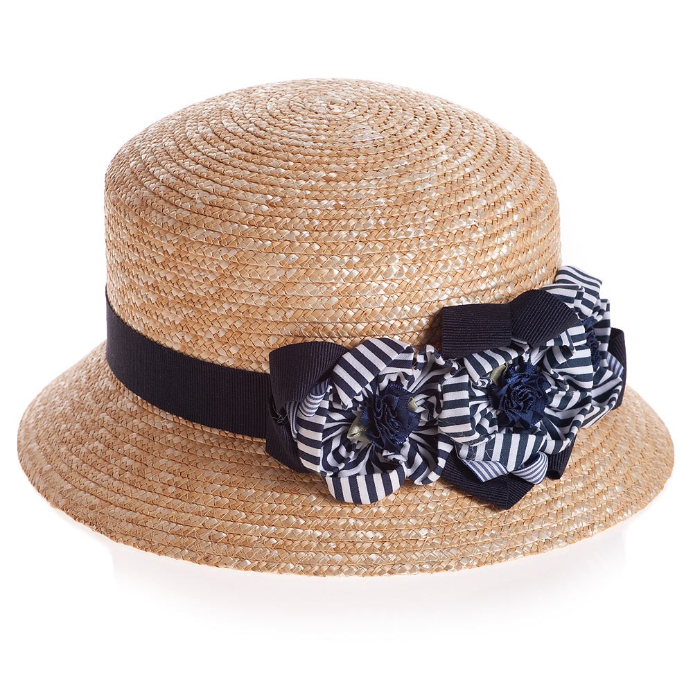 Girls Straw Hat with Blue & White Fabric Flowers - Fashion Baby Stories